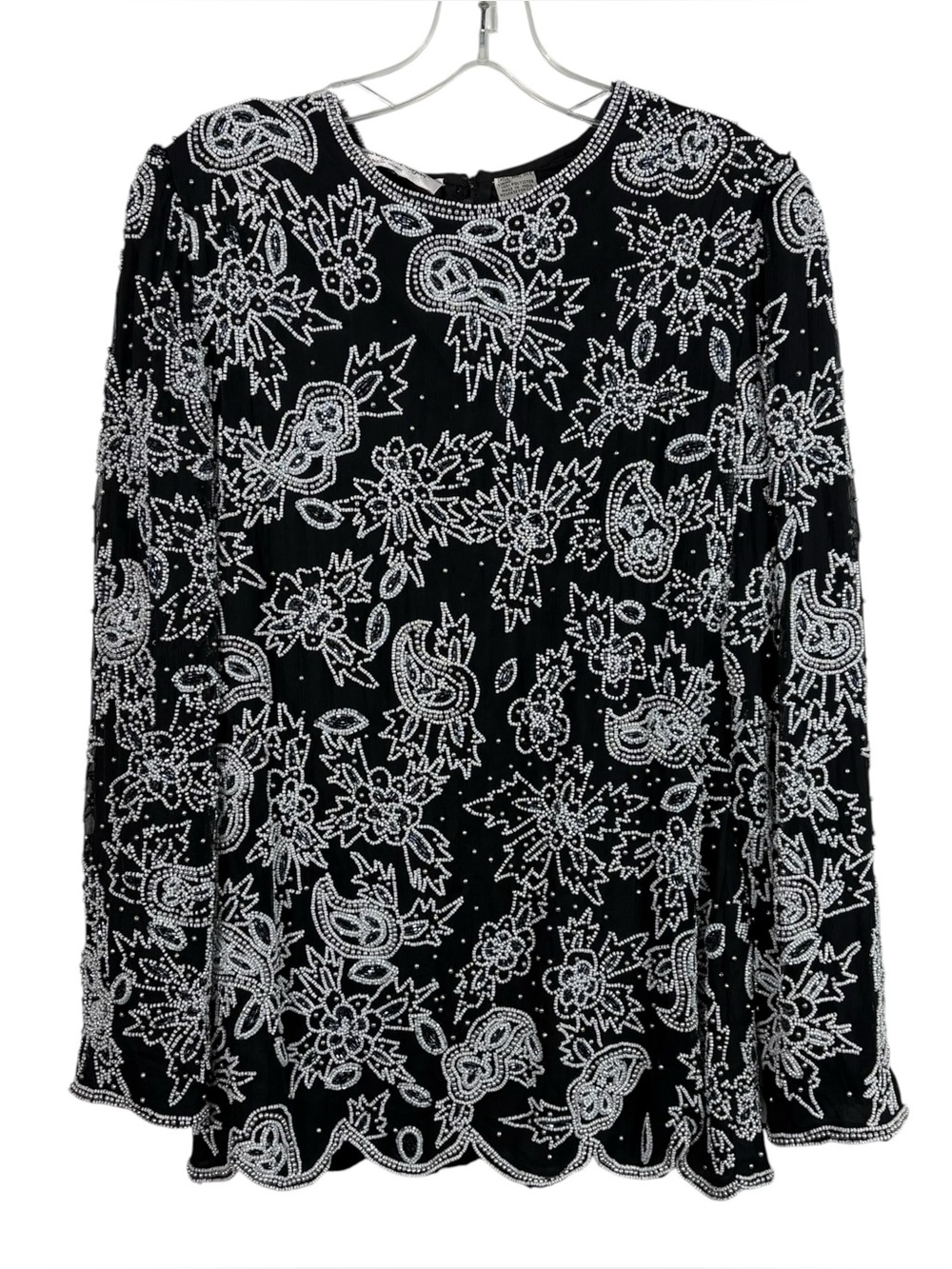 Laurence Kazar Vintage 90s Fully Beaded Paisley Print 100% Silk Formal Blouse M